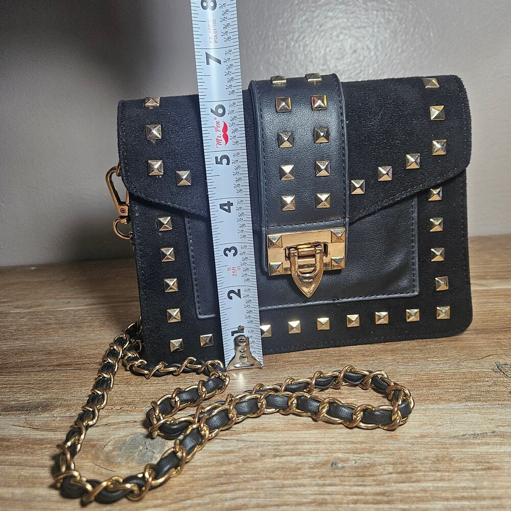 MW Black Suede/Leather Studded Crossbody- Gold Hardware Edginess Goth Biker Emo - Picture 3 of 8